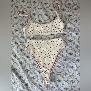 Frankies Bikinis Strawberry Print Bikini Set | White & Red Trim | Top S / Bottom